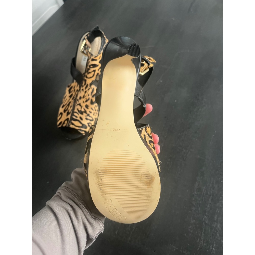 Guess Leopard Print Calf Hair Platform Stiletto Sandals Peep Toe Slingback - Picture 12 of 15